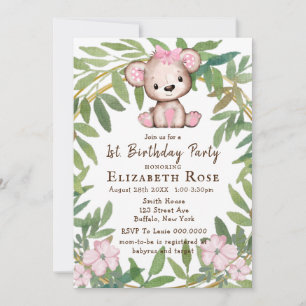 Girl’s Watercolor Teddy Bear 1St. Birthday Party