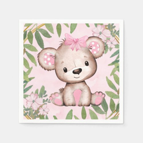 Girls Watercolor Teddy Bear Baby Shower  Napkins