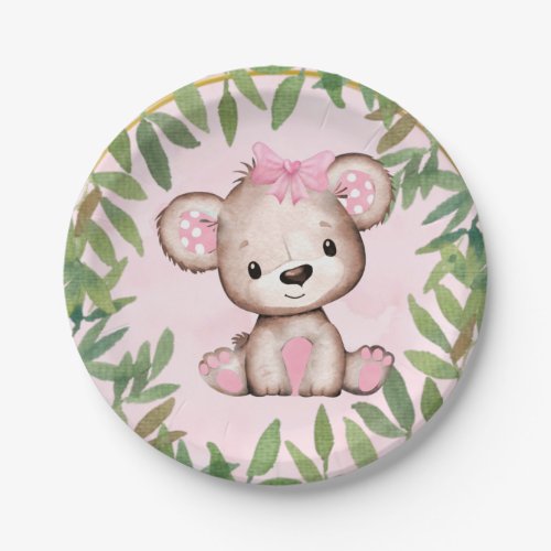 Girls Watercolor Teddy Bear Baby Shower Paper Plates