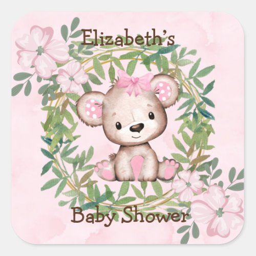 Girls Watercolor Teddy Bear Baby Shower Square Sticker