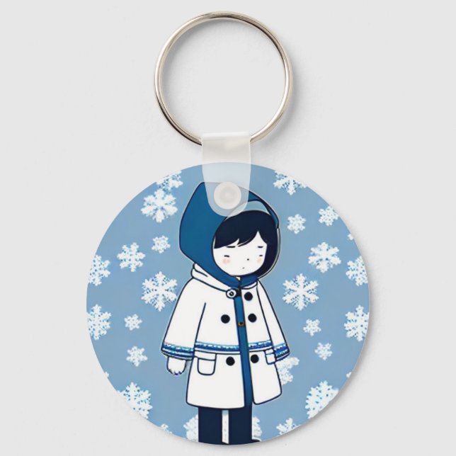 Girl sad snowflakes white blue repeating pattern keychain (Front)