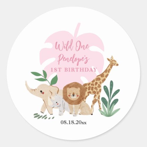 Girl Safari 1st Birthday Party Classic Round Sticker
