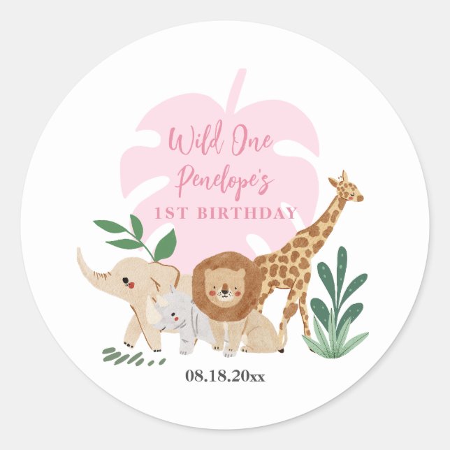Girl Safari 1st Birthday Party Classic Round Sticker (Front)