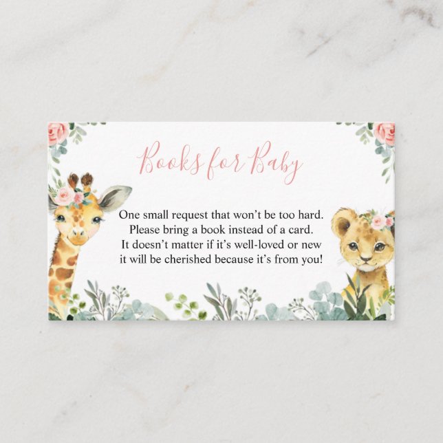 Girl Safari Animal Baby Shower Book for Baby Enclosure Card (Front)