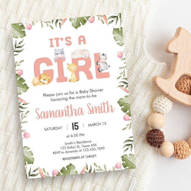 Girl Safari Animal Baby Shower  Invitation (Safari Jungle Animals Baby Shower Invitation)