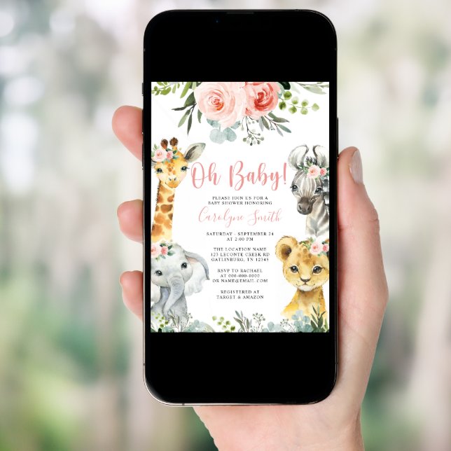 Girl Safari Animal Baby Shower Invitation Greenery (Front Digital)