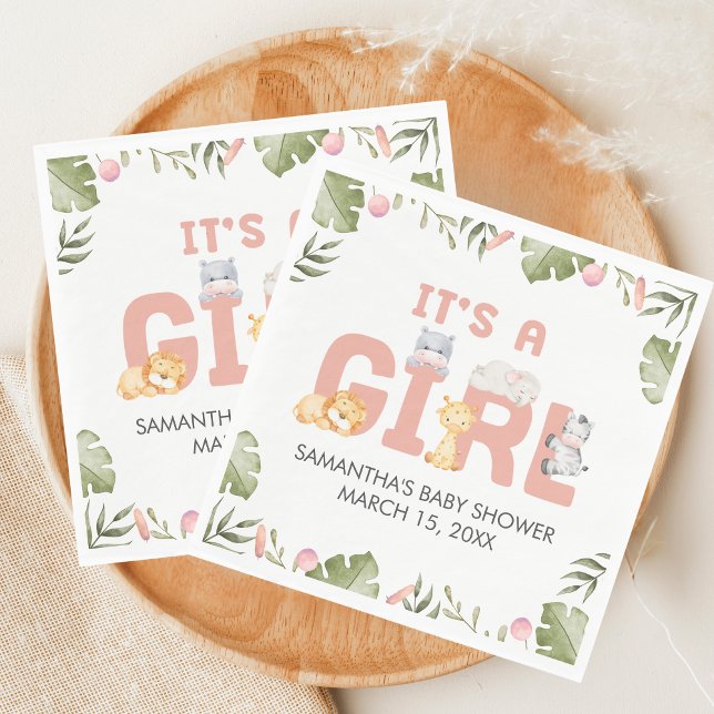Girl Safari Animal Baby Shower  Napkins (Safari Jungle Animals Baby Shower Napkin)