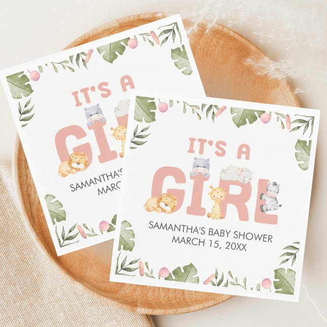 Girl Safari Animal Baby Shower  Napkins (Safari Jungle Animals Baby Shower Napkin)