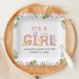 Girl Safari Animal Baby Shower Paper Plates