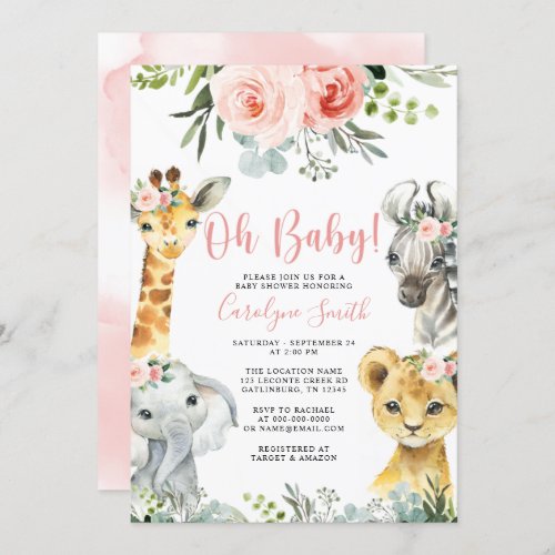 Girl Safari Animal Greenery Baby Shower Invitation