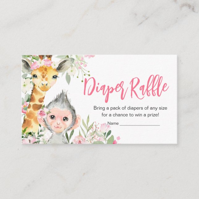 Girl Safari Animals Baby Shower Diaper Raffle Enclosure Card (Front)
