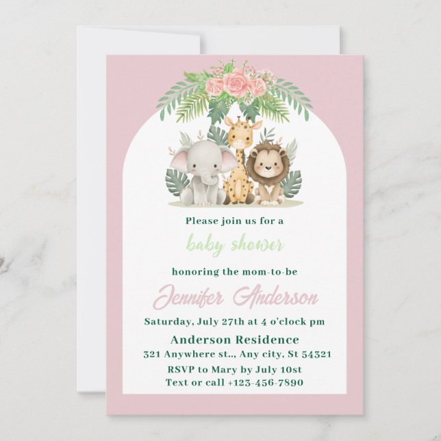Girl Safari Animals Baby Shower Invitation (Front)