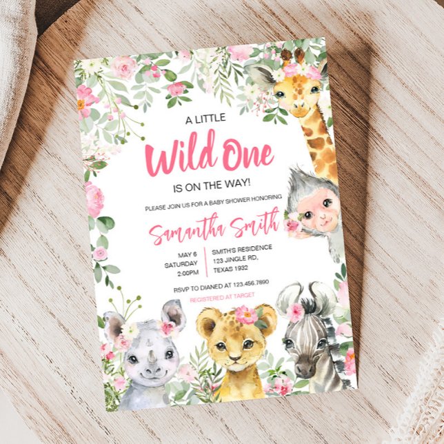 Girl Safari Animals Baby Shower  Invitation (Pink Floral Safari Animals Baby Shower Invitation)