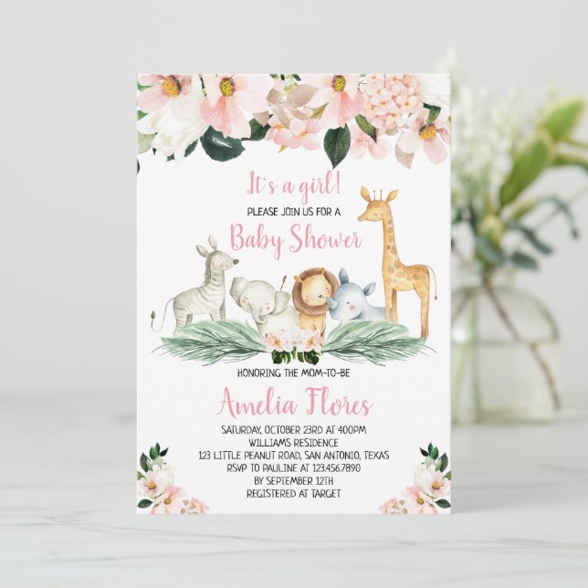 Girl Safari Animals Baby Shower Invitation (Standing Front)