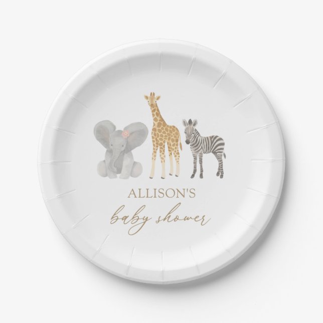 Girl Safari Animals Baby Shower Paper Plates (Front)