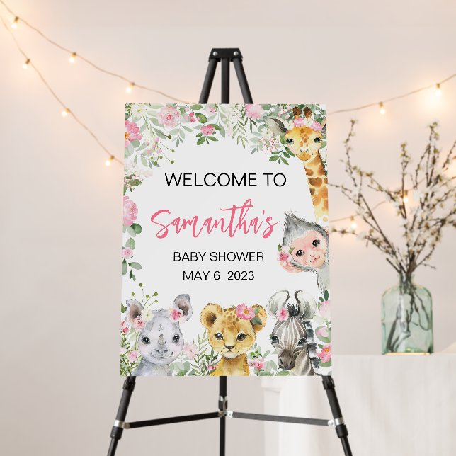 Girl Safari Animals Baby Shower Welcome Sign (In Situ (Stand))