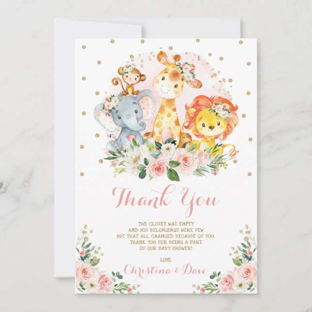 Girl Safari Animals Blush Pink Floral Jungle Baby Thank You Card (Front)