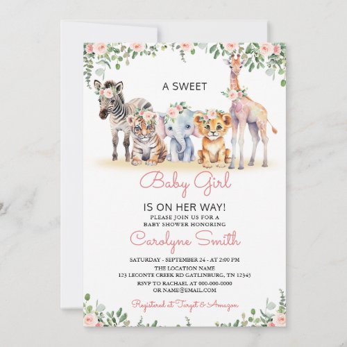 Girl Safari Animals Greenery Jungle Baby Shower Invitation