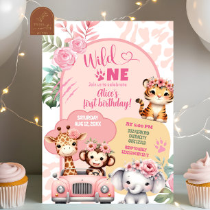 Girl Safari Animals Wild One First Birthday Invitation