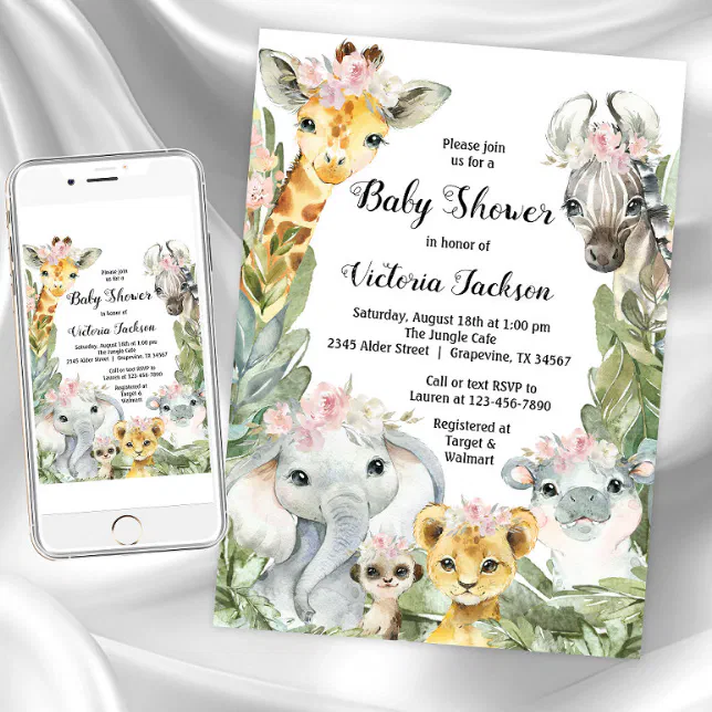 Girl Safari Baby Shower Invitations 