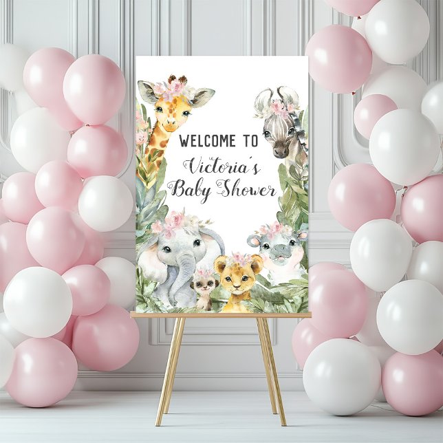 Girl Safari Baby Shower Welcome Sign (Girl safari animal baby shower welcome sign. Simply add your event details to this adorable sign.)