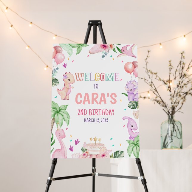 Girl Safari Dinosaur Birthday Party Welcome Sign (In Situ (Stand))