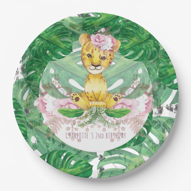 Girl Safari Lion Illustration Personalized Paper Plates (Front)