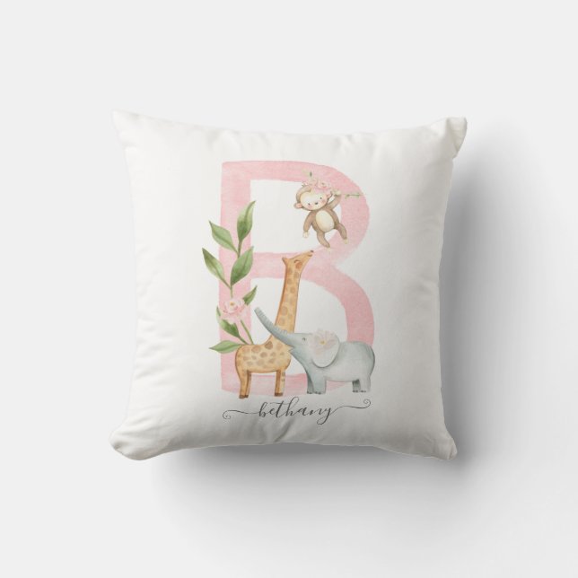 Girl Safari Nursery Monogram Throw Pillow (Front)