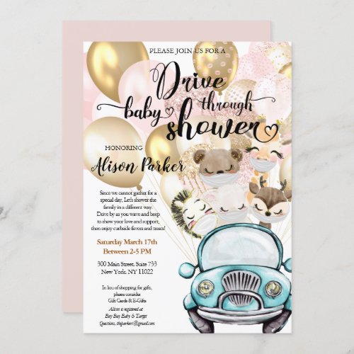 Girl Safari Pink Floral Greenery Drive by Shower Invitation