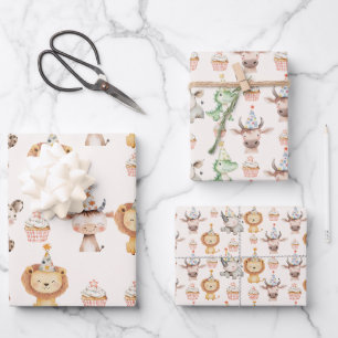Girl Safari Zoo Animals Birthday Party Wrapping Paper Sheets