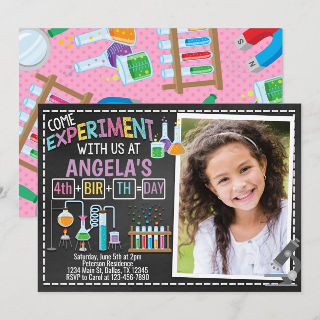 Girl Science Birthday Party Invitation Invite (Front/Back)