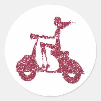 girl scooter pink glitter classic round sticker