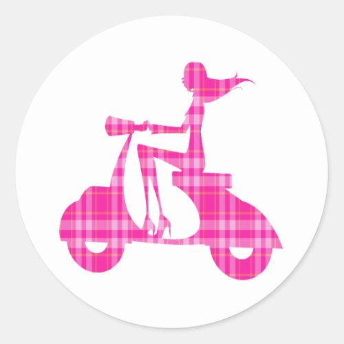 girl scooter pink white gingham classic round sticker