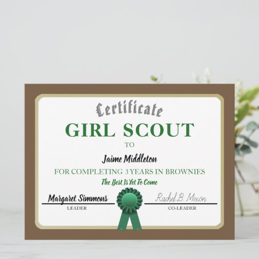Girl Scouting Brownies Service Certificate (Standing Front)