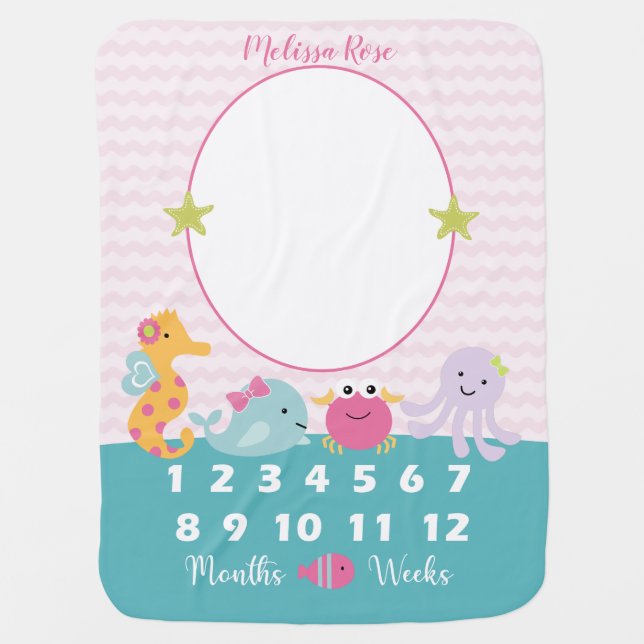 Girl Sea Animals Ocean Life Baby Milestone Blanket (Front)