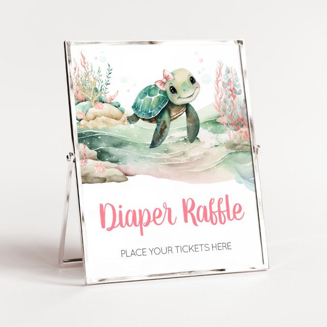 Girl Sea Turtle Baby Shower Diaper Raffle Poster (A Little Hatching Is On the Way Baby Shower Diaper Raffle Sign)