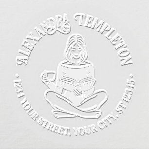 Girl Seated Crossed Legged Reading #2 Name Address Embosser