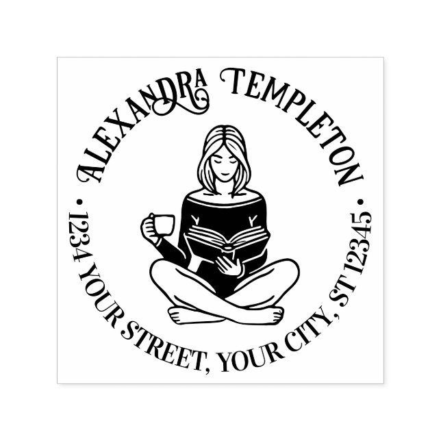 Girl Seated Crossed Legged Reading #2 Name Address Self-inking Stamp (Design)