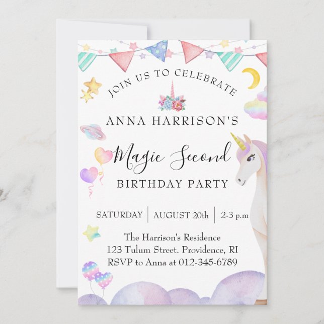 Girl Second Birthday Party Magic Unicorn Invitation (Front)