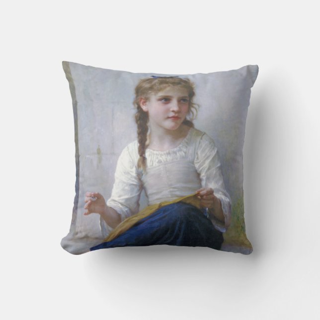 Girl Sewing, Bouguereau Throw Pillow (Front)