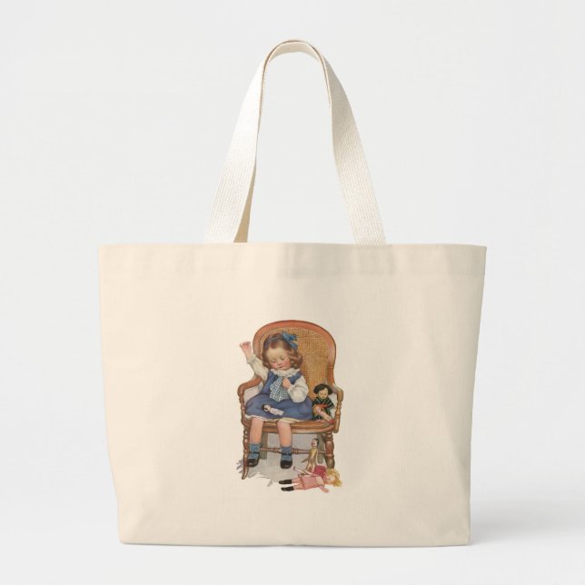 Girl Sewing Dollies Large Tote Bag (Front)