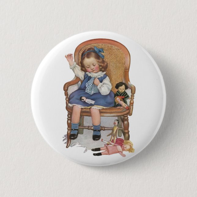 Girl Sewing Dollies Pinback Button (Front)