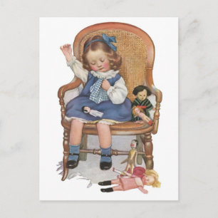 Girl Sewing Dollies Postcard