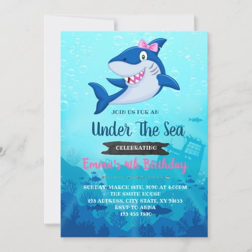 Girl Shark Birthday party invitation