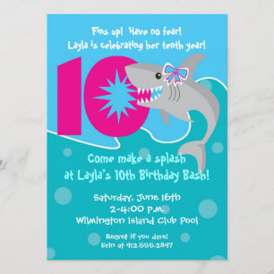 Girl Shark Bite Invite- 10th Birthday Party Invitation