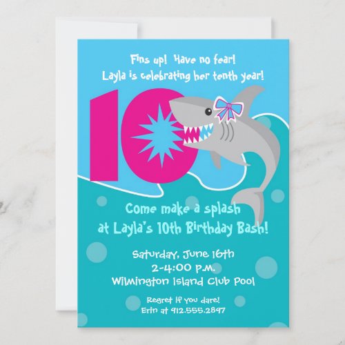 Girl Shark Bite Invite_ 10th Birthday Party Invitation