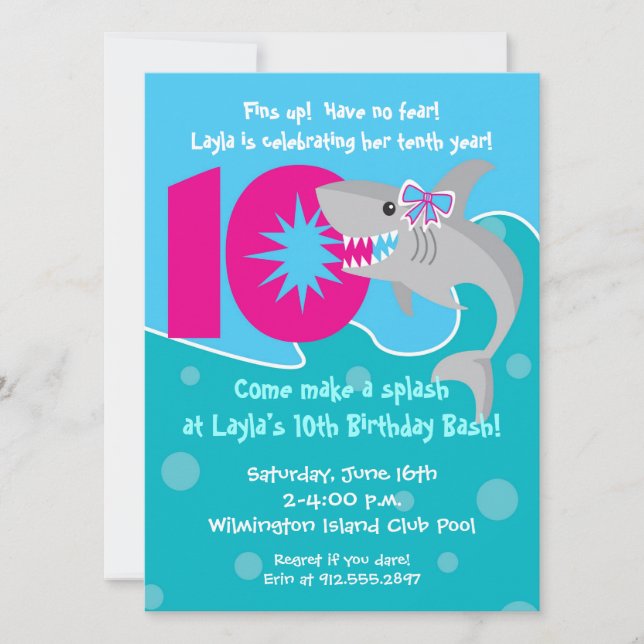 Girl Shark Bite Invite- 10th Birthday Party Invitation (Front)