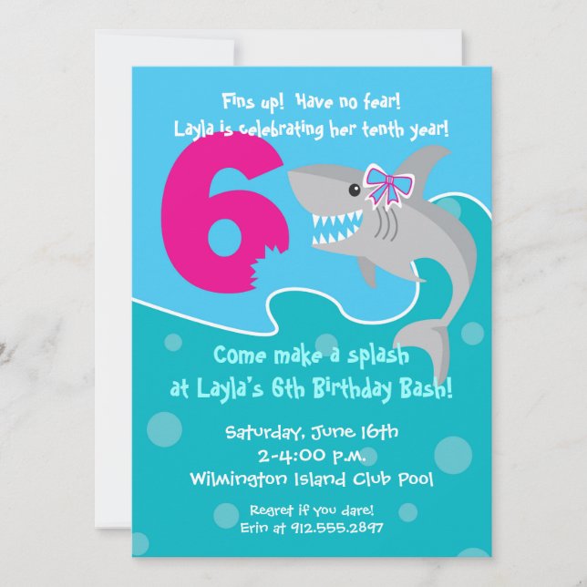 Girl Shark Bite Invite- 6th Birthday Party Invitation (Front)