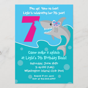 Girl Shark Bite Invite- 7th Birthday Party Invitation