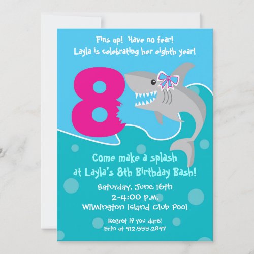 Girl Shark Bite Invite_ 8th Birthday Party Invitation